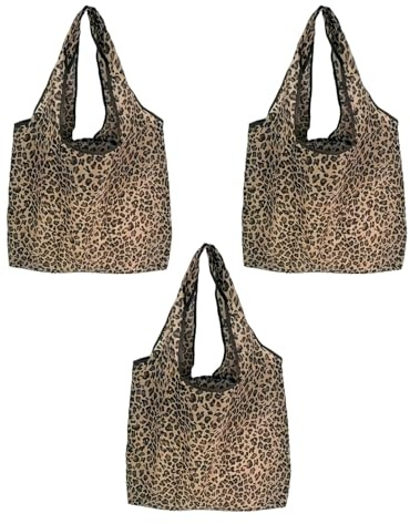 Set di 3 borse per la spesa, pieghevoli, grandi, resistenti, riutilizzabili, da donna, leggere, pieghevoli, per alimenti, borsa per il trasporto lavabile con stampa leopardata, per viaggi e shopping