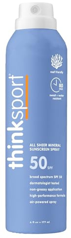 Thinksport SPF 50+ Mineral Sunscreen Spray, All Sheer, 6 Fl Oz – Natural, Water Resistant Body Sun Protection, Vegan & Reef Safe