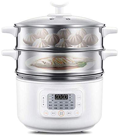 REJOON Vaporera eléctrica de Acero Inoxidable de 2 Niveles for Alimentos con Tapa de Vidrio, vaporera for Verduras, cestas apilables de Dos Niveles con Temporizador