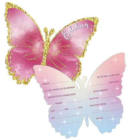 Xinfin 12 Einladungskarten Kindergeburtstag Mädchen, 13 x 11cm Schmetterlingen Einladungskarten, Geburtstagseinladungen für Einschulung Mädchen Geburtstagsfeier Kinderparty (Schmetterling B)