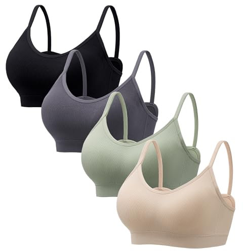 HBselect 4 Pack Non Wired Bras for Women V Neck Wireless Bralettes Seamless T-Shirt Bras with Removable Pads Wirefree Bras for Ladies Girls Black/Dark Grey/Beige/Green