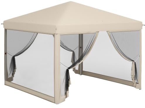 Outsunny Gartenlaube Barnum Faltbar Pop-up wasserdicht Colonial Style 3L x 3l x 2,65H m 4 Moskitonetze + Transporttasche Beige Schwarz