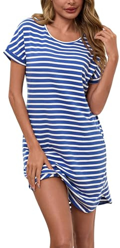 Litherday Nattlinne dam kort nattkläder ränder nattlinne av 95 % bomull loungewear negligé korta ärmar sovskjorta med 2 fickor, Blå + vit, S