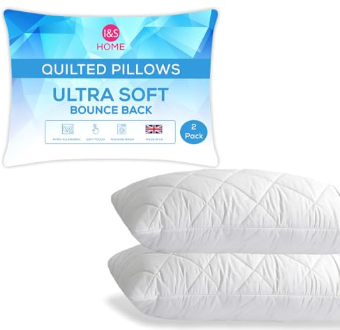 I&S Home Pillows 2 Pack Hotel Quality Soft Support Bed Pillows - Quilted Premium Microfiber Cover, Bounce Back & Extra Filling – Perfect Pillows for Side & Back Sleepers | 50x75 cm (2 Pack)