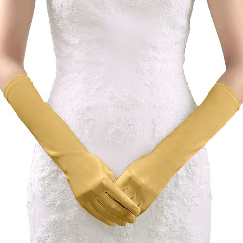 Lang Satinhandschuhe Abendhandschuhe Opernhandschuhe Abend Party Handschuhe Dehnbare 1920er Jahre Retro Armstulpen Handschuhe für Frauen Mädchen Halloween Cosplay Karneval Jahrestag (Gold, One Size)