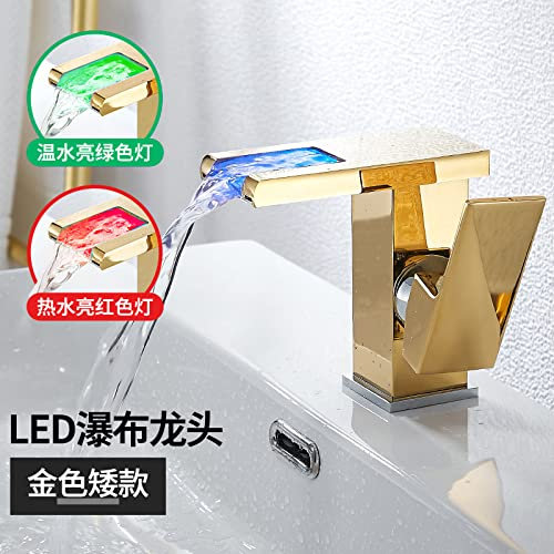 toilet bathroom cabinet hand washbasin waterfall cold and hot led temperature changing color luminous single hole gold faucet, led light emitting - standard model