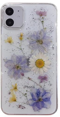 Riccase for iPhone 11 Case Clear with Real Dried Flower Patterns, Shockproof Transparent Soft TPU Protective Bumper Slim Glitter Cute Floral for iPhone 11 Phone Case,Purple Flower