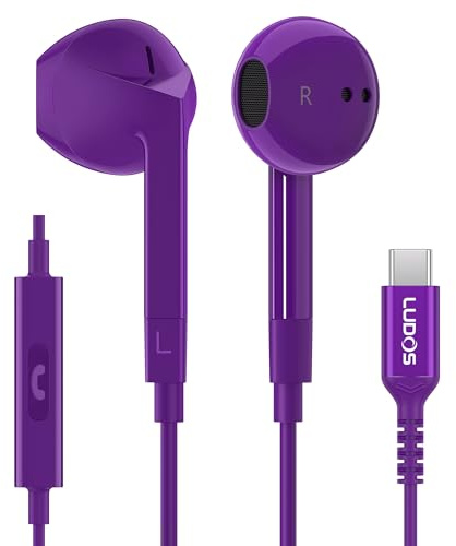 LUDOS FEROX Auriculares USB C con Micrófono, Garantía de 5 años, Auriculares Tipo C con Cable para iPhone 16 15 Pro MAX Plus Samsung Galaxy S24 S23 S22 Ultra S21 FE S20 A53 A54, iPad Pro Air - Violeta