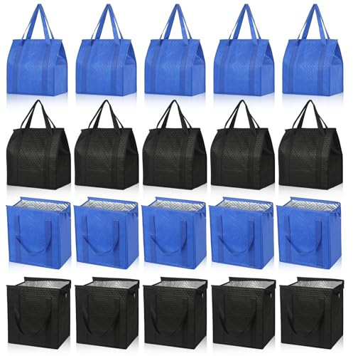 VZZNN 20 Pcs Insulated Shopping Bags for Groceries with Zipper & Handles, Large Foldable Cooler Bags for Hot & Cold Food