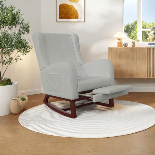 Silla mecedora con reposo, mecedora de lactancia, silla de balancín con cojín Lumbar y 2 bolsillos laterales, patas de madera maciza para dormitorio, salón (Lin Gris)
