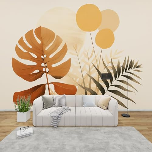 GEDAEUBA Papier Peint Panoramique Feuilles Tropicales, Papier Peint Intissé Motif Bohème Beige, Tapisserie Panoramique Salon, Décoration Murale Chambre, 150x105 cm