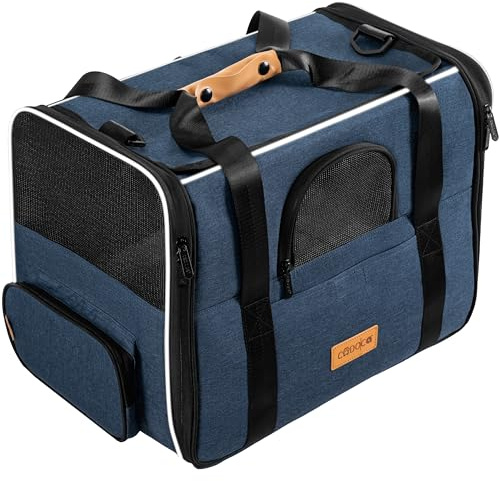 CADOCA® Transportbox Katzen bis 20kg faltbar Sonnen- und Regendach Schultergurt mit Napf Atmungsaktiv Komfortabel Wendekissen Haustier Katzenbox Tragetasche Hunde Auto Blau