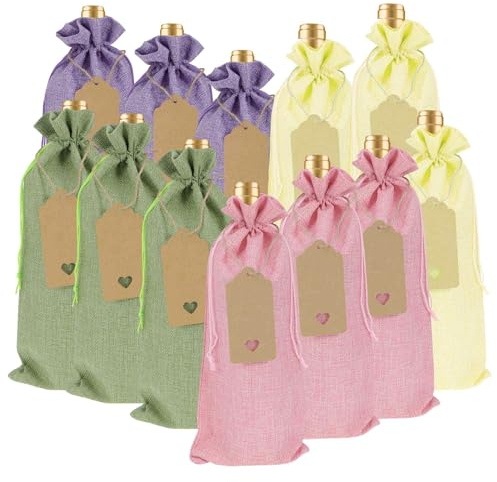 CAPASTEC 12 Stück Jute Weintaschen, Weinflaschen Geschenkbeutel mit Kordelzug und Anhänger, Wiederverwendbare Geschenktaschen für Hochzeiten, Partys, Beige Hellrosa Lila Grün