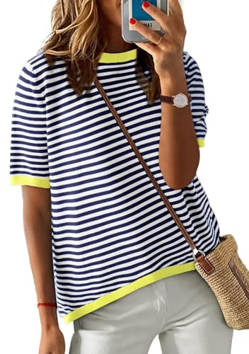 PASUDA Magliette Donna Estive Manica Corta T-Shirt Casual Girocollo a Righe Maglietta Elegante Comodi Larghe Maglia Donna Moda Basic Camicia Tee Tops(Nero Chiaro,M)