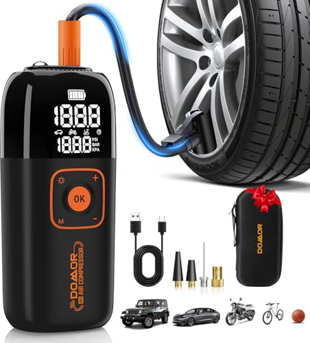 DOMOR Cordless Tyre Inflator, Car Tyre Inflator Air Compressor, Portable USB Rechargeable Electric Bike Pump 150 PSI, Tyre Pump with Pressure Gauge for Car Tire, Bike, Motorbike, Ball