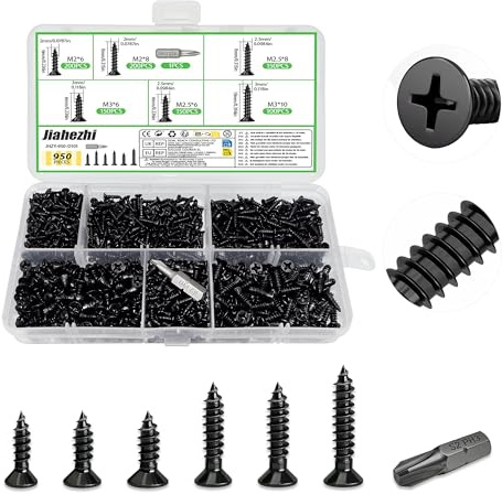 950 Pcs Self Tapping Screw Set M2 M2.5 M3 Wood Screws Assortment kit | 6 Size Phillips Cross Head Countersunk Screws, Self Tapping Countersunk Screws, Dry Wall Screws for DIY and Furniture Repairs