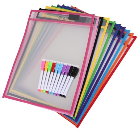 Wadakada Fundas para Bolsillos de Borrado en Seco, (Paquete de 10) Soportes para Tickets de Trabajo de Papel A4, Hojas de Borrado en Seco Reutilizables para Hojas de Trabajo en el Aula