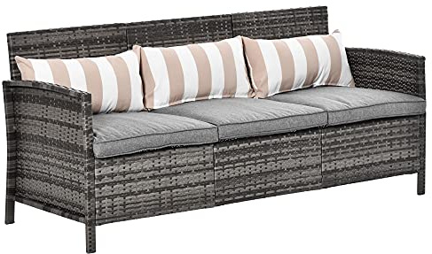 Outsunny Divanetto da Esterno 3 Posti in Rattan PE, Divano da Esterno con Cuscini Imbottiti e Removibili, per Terrazzo, Patio e Giardino, 173x68x78 cm, Grigio
