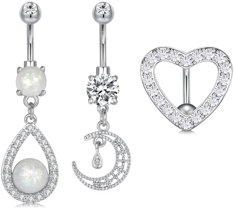 Briana Williams 3 Pièces de Barre de Nombril Anneaux de Ventre en Acier inoxydable chirurgical 14G 10mm Coeur Lune avec Cristal Bijoux de Piercing