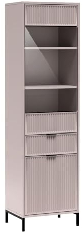 MINIO go for it - Regal ASTI, 54.5 x 196 x 40.6 cm, Stehend Glas Vitrine, Ideal für das Wohnzimmer, Fachböden und Schubladen - Kaschmir
