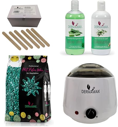 Dermawax Profi Waxing Set zur Haarentfernung 1000 ml Wachswärmer Made in Spanien 1 kg Azulen Wachsperlen 500 ml Aloe Vera Vorbehandlungslotion 500 ml Eukalyptus Nachbehandlungsöl 200 Stück Holzspatel