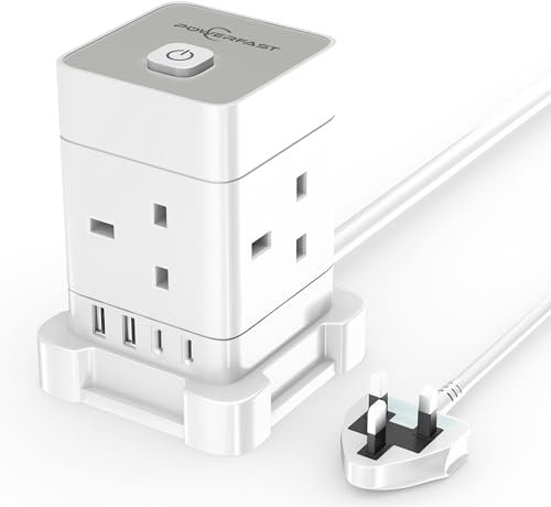 PowerFast 4 Way Multi Plug Extension Socket Power Strip, Cube Extension Lead with USB Slots, 2M USB Extension Cable,2 USB-C,2 USB-A, Child Safety Surge Protected Extension Cord with Switch (White, 2M)
