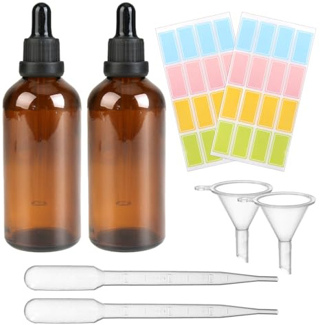 2 Pcs Amber Glass Bottles, 50ml Dropper Bottle with 2 Graduated Dropper and Small Funnel Refillable Sample Dropper Essential Oil Bottle, Blue Light Protective Pipette for Hair Oil Aromatherapy Blends