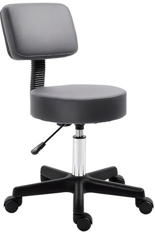 HOMCOM Rollhocker Höhenverstellbar mit Rückenlehne 72-84 cm Grau | Drehhocker, Arbeitshocker, 360° Drehbar, Bürohocker, für Büro Salon Massage Spa