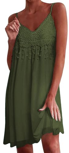Zeagoo Vestido de verano para mujer con detalles de encaje, tirantes de espagueti, mini, sin mangas, estilo boho, para la playa, con volantes, cuello en V, vestido casual, verde oliva, XXL