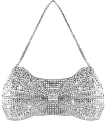 Energather Clutch Bags for Women, Sparkly Rhinestone Evening Purses with Bowknot, Elegant Glitter Handbag for Party Prom Wedding (Silver)