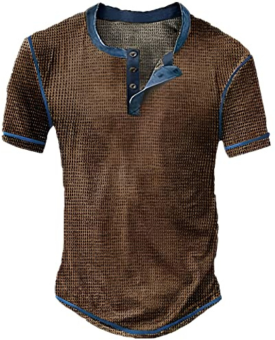 Henley-Hemden für Herren, kurzärmelig, Vintage-Stil, Waffelmuster, Farbblock, Button-Down-Shirt, lässiges Oberteil, T-Shirts, Braunes Henley-Shirt für Herren, kurzärmelig, XL