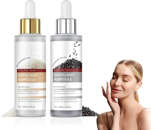 Peel Shot Glow Rice Ampoule Duo, vitt och svart ris peeling ansiktsserum, mild ansiktsskrubb för porrengöring och pormaskborttagning, fuktgivande exfoliant, 80 ml x 2