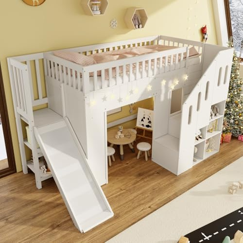 Sweiko Lit superposé avec lit Mezzanine, 90 x 200 cm, avec Toboggan, barrières de sécurité et escalier avec Rangement intégré,Cadre de lit pour Enfant avec Bande Lumineuse LED