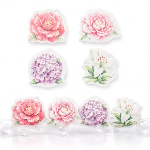 Compressed Wood-Pulp Cotton Sponge Pads, 4-Pack Floral Bath and Dish Set | Rose, peony, lily and hydrangea artwork, integrated hanging holes, for routine body washing or use beside the kitchen sink