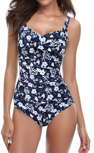 SHEKINI Donna Costumi Interi Push up Crossover Ruched Monokini Costume da Bagno Vintage Shirred One Piece Costume da Bagno(L,Stampa Floreale -Bianco)