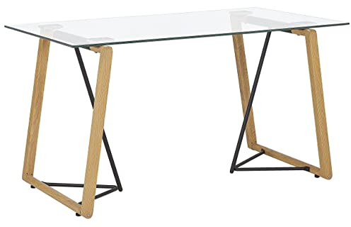 Beliani Mesa de Comedor Transparente 140 x 80 cm Tapa de Cristal Patas de Metal Efecto Madera Clara Rectangular escandinava Moderna Tacoma