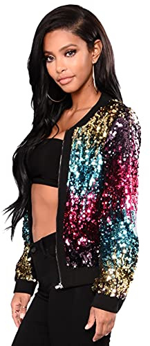 Ladies Sequin GlitterMulti Coloured Metallic Summer Festival Party Bomber Jacket Size 8-18 (Rainbow, 12-14)