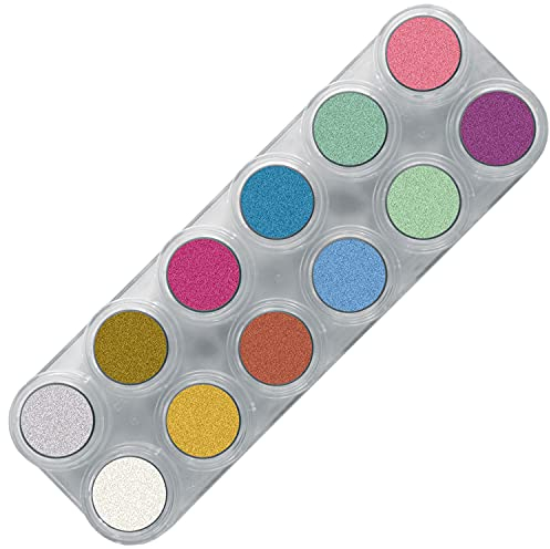 Grimas Profi Schminkpalette Water Make-Up Pearl 12, glänzende Farben 12x2.5ml, hochwertige Glanz-Kinderschminke/Karnevalsschminke auf Wasserbasis