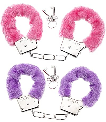 JIHUOO 2 Pcs Plush Play Handcuffs Adjustable Hand Cuffs Soft Wrist Cuffs Kids Toy Handcuffs Fluzzy Ankle Cuffs with Keys for Couples Pink and Purple