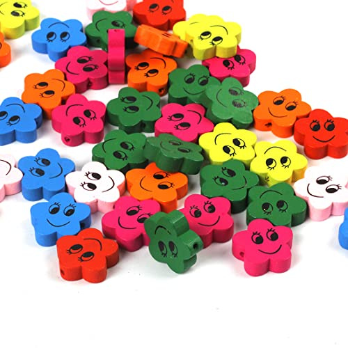 Perlin Lot de 20 perles en bois à enfiler - Motif : perles colorées - Pour bracelets DIY - Bijoux - Colliers - Couleurs mélangées (fleur avec visage smiley 19 mm)