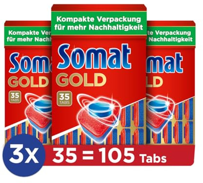 Somat Gold diskmaskin flikar (105 flikar), diskmaskinstabletter för strålande rena rätter även vid låga temperaturer, extra kraft mot inbränd, kompakt förpackning för ökad hållbarhet