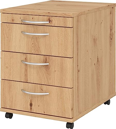 bümö Basic Rollcontainer mit Schubladen, Container aus Holz in Asteiche - Rollwagen für's Büro als Schreibtisch Unterschrank, Bürocontainer od. Schreibtischcontainer mit Bogengriffe