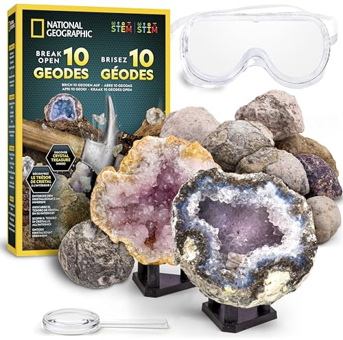 NATIONAL GEOGRAPHIC 10 geodi premium da rompere – Con occhiali e supporti – Kit scientifico STEM, regalo di geologia per bambini