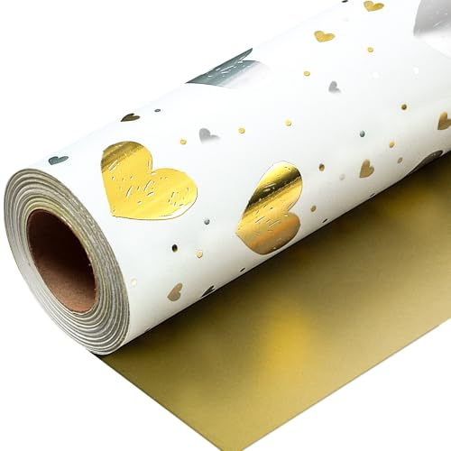 Wikadlik Geschenkpapierrolle in Herzform, goldfarben und silberfarben, 43 cm x 10 m, weißes Geschenkpapier für Geburtstag, Valentinstag, Muttertag, Vatertag, Hochzeit, Abschlussfeier, Weihnachten