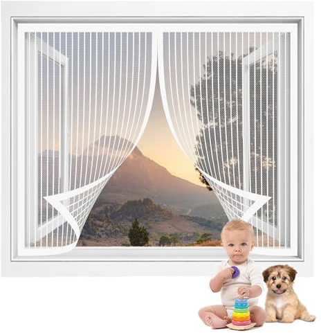 Mosquiteras para Ventanas Abatibles 123 x 180 cm sin Taladrar Cortina Mosquitera para Sala de Estar con Imanes Sellado Automaticamente para Habitación Salón Ventanas, Blanco