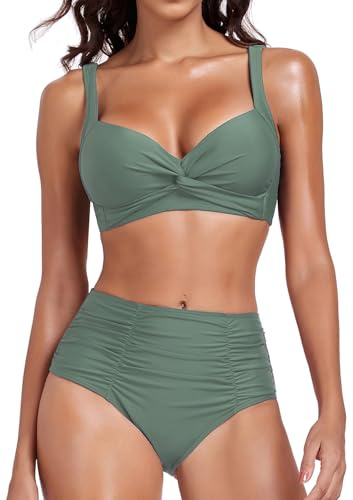Women's Bikini Sets Twist-Front V Neckline High Waisted Tummy Control Two Piece Swimsuit Swimming Costumes Army Green,L