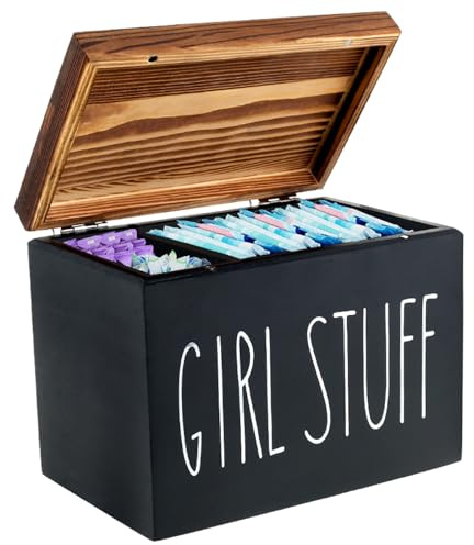 Ghshanog Tampon Holder for Bathroom,Versatile Period Box with 2 Compartments,Wood Bathroom Bin with Lid,Cotton Swab Sanitary Towel Holder Feminine Product Organizer (Black 20x15x13cm)