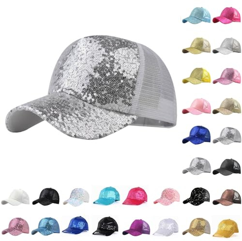 Glitzer Kappe Silber Paillette Baseball Cap Damen Konzert Leistung Baseballkappe Basic Basecap Herren Lässige Mütze Unisex Golfkappe Verstellbar Sonnenkappe Karneval Hut Retro Disco Outfit Gelb Golden