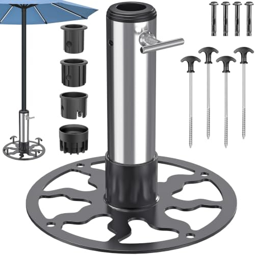 Dolibest Base de sombrilla resistente para exteriores (poste de 1 a 1.9 pulgadas), ancla de soporte para sombrilla de patio con picos de tierra/anclajes de expansión, base de paraguas de acero para