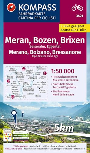 KOMPASS Fahrradkarte 3421 Meran, Bozen und Umgebung 1:50.000: reiß- und wetterfest mit Extra Stadtplänen